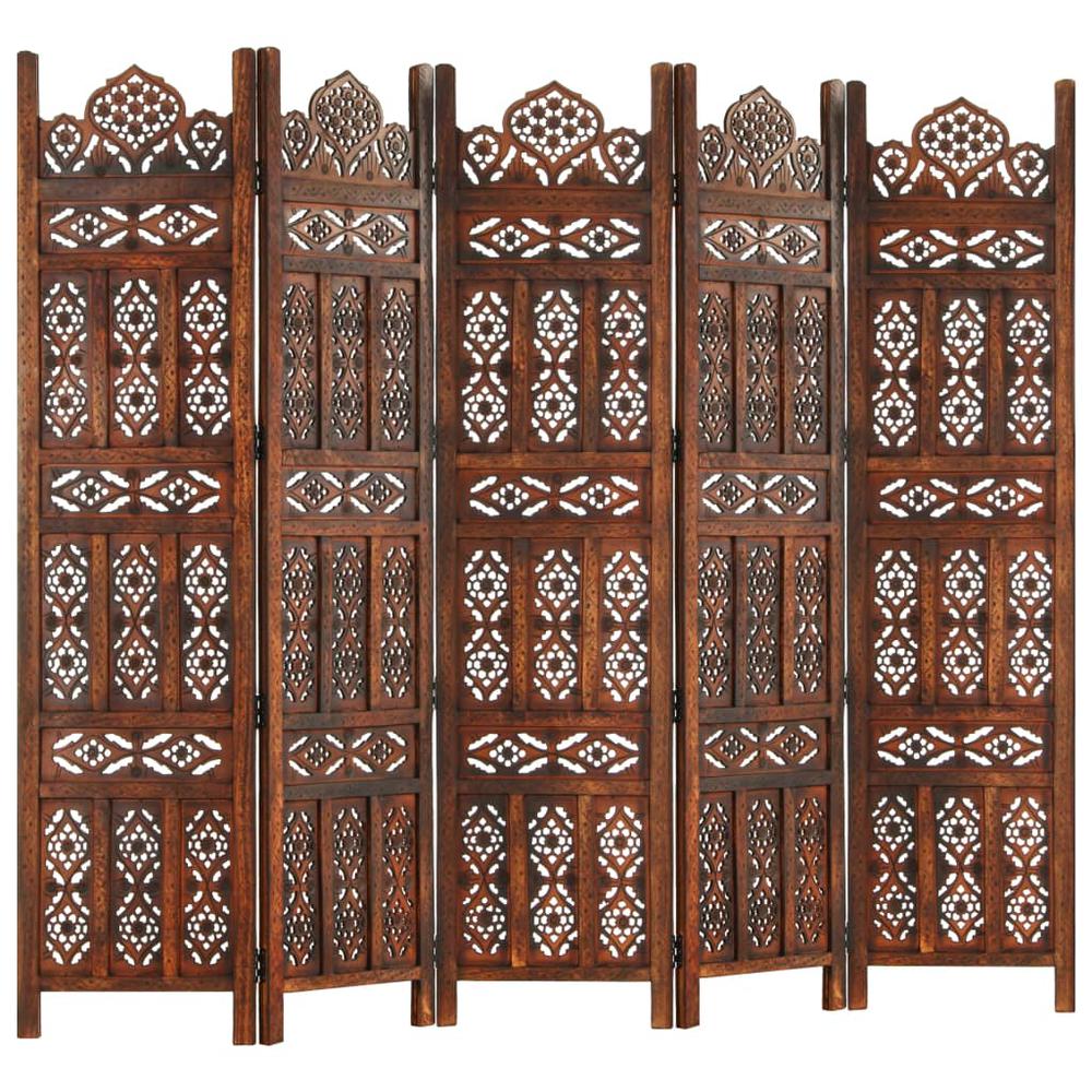 vidaXL Hand carved 5-Panel Room Divider Brown 78.7"x65" Solid Mango Wood, 285326. Picture 9