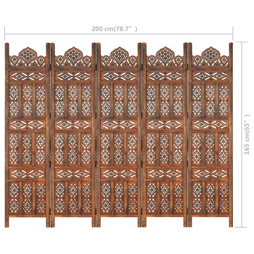 vidaXL Hand carved 5-Panel Room Divider Brown 78.7"x65" Solid Mango Wood, 285326. Picture 10