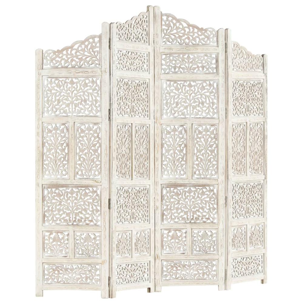 vidaXL Hand carved 4-Panel Room Divider White 63"x65" Solid Mango Wood, 285327. Picture 6