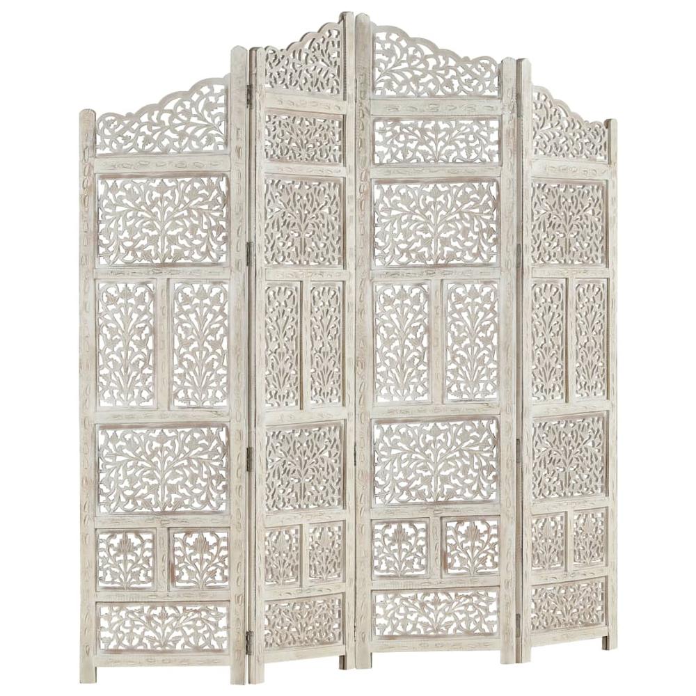 vidaXL Hand carved 4-Panel Room Divider White 63"x65" Solid Mango Wood, 285327. Picture 7