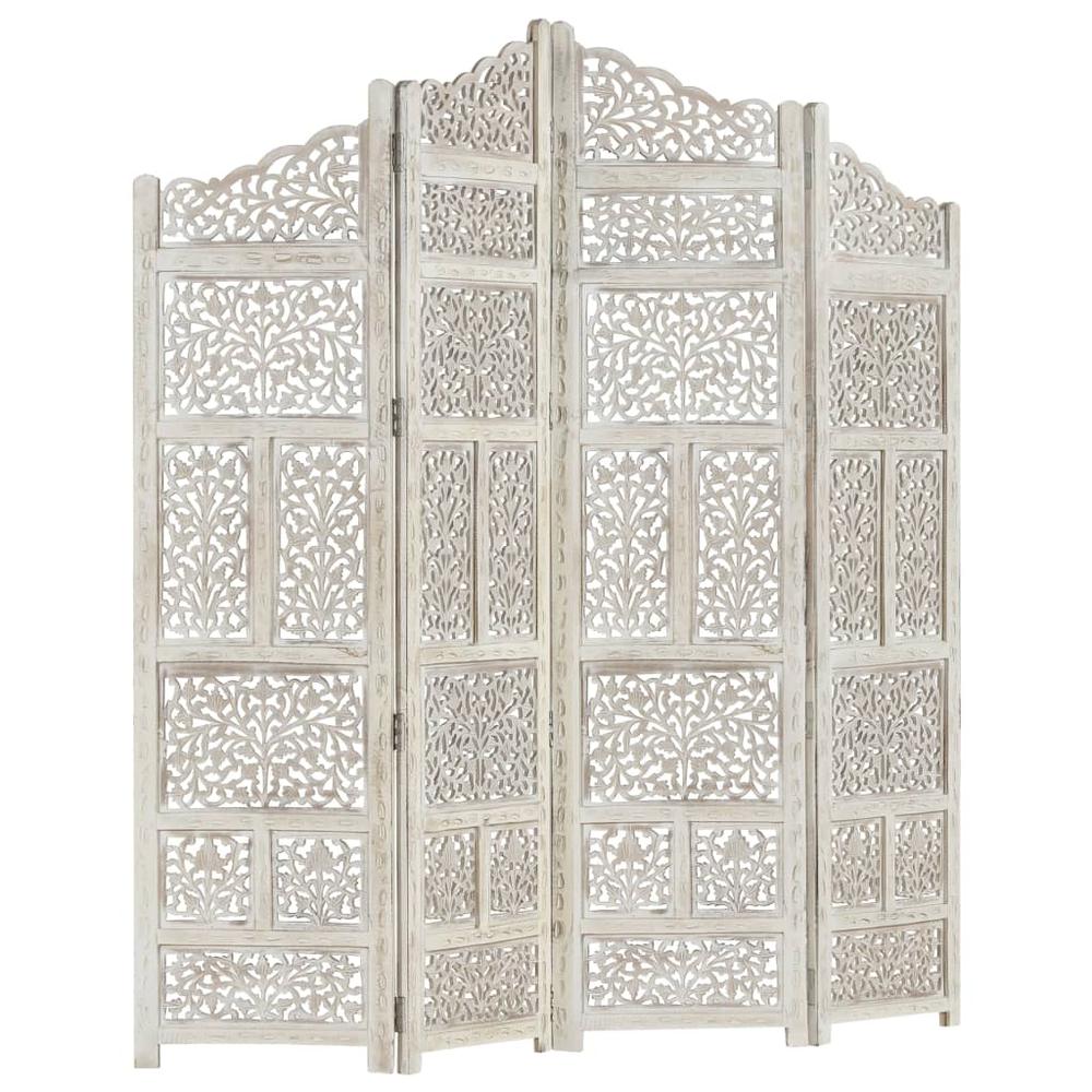 vidaXL Hand carved 4-Panel Room Divider White 63"x65" Solid Mango Wood, 285327. Picture 8