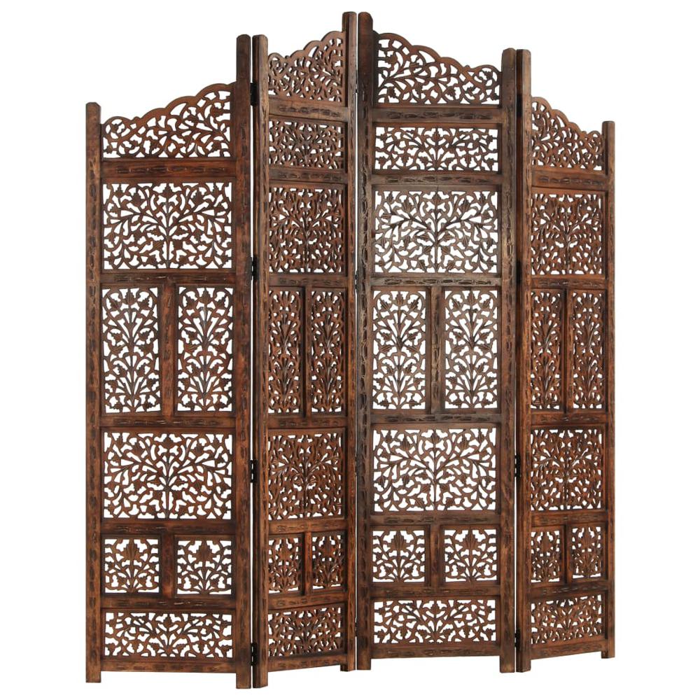 vidaXL Hand carved 4-Panel Room Divider Brown 63"x65" Solid Mango Wood, 285329. Picture 6