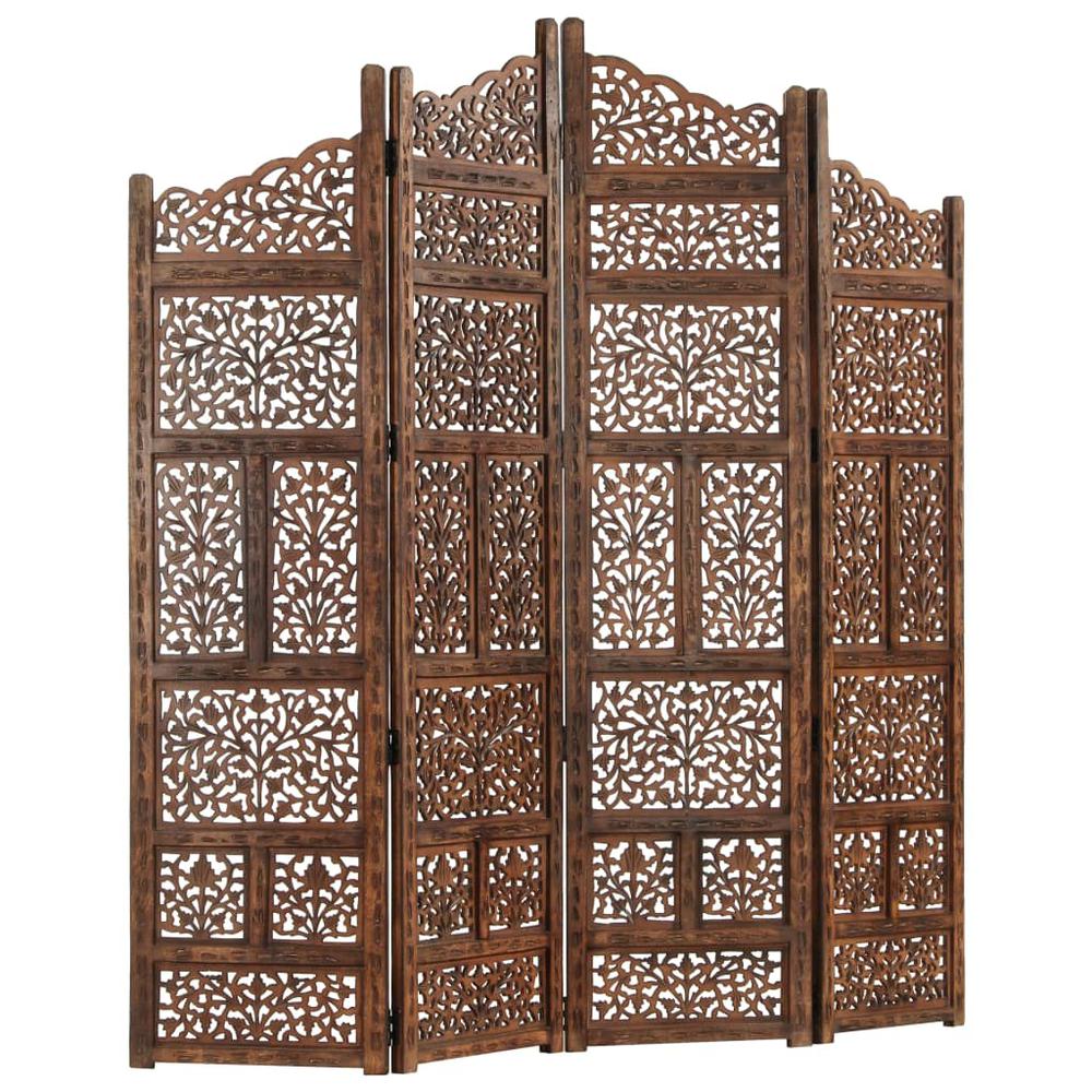 vidaXL Hand carved 4-Panel Room Divider Brown 63"x65" Solid Mango Wood, 285329. Picture 7