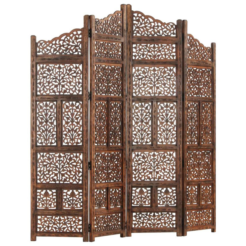 vidaXL Hand carved 4-Panel Room Divider Brown 63"x65" Solid Mango Wood, 285329. Picture 8
