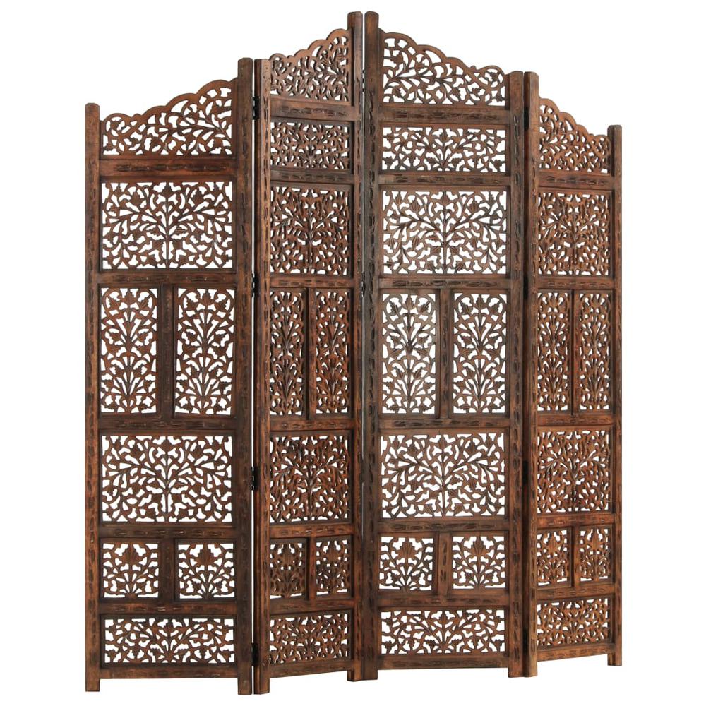 vidaXL Hand carved 4-Panel Room Divider Brown 63"x65" Solid Mango Wood, 285329. Picture 9