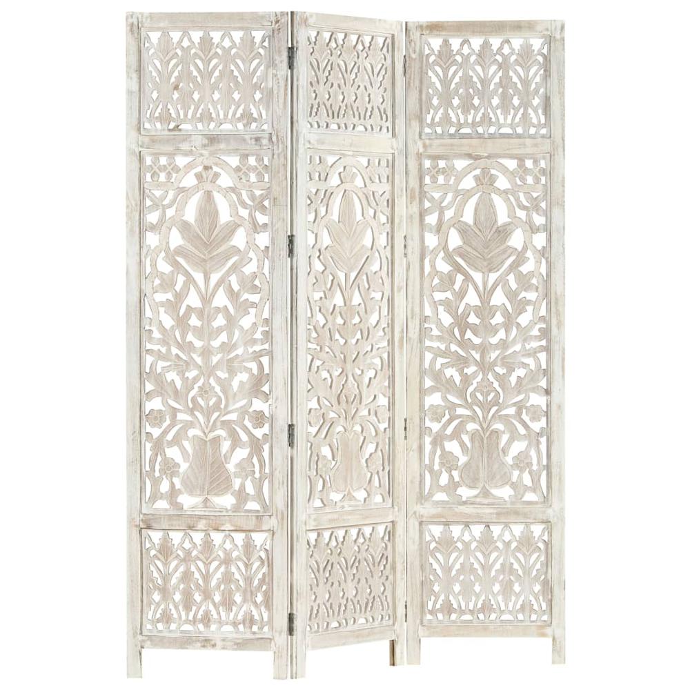 vidaXL Hand carved 3-Panel Room Divider White 47.2"x65" Solid Mango Wood, 285330. Picture 5