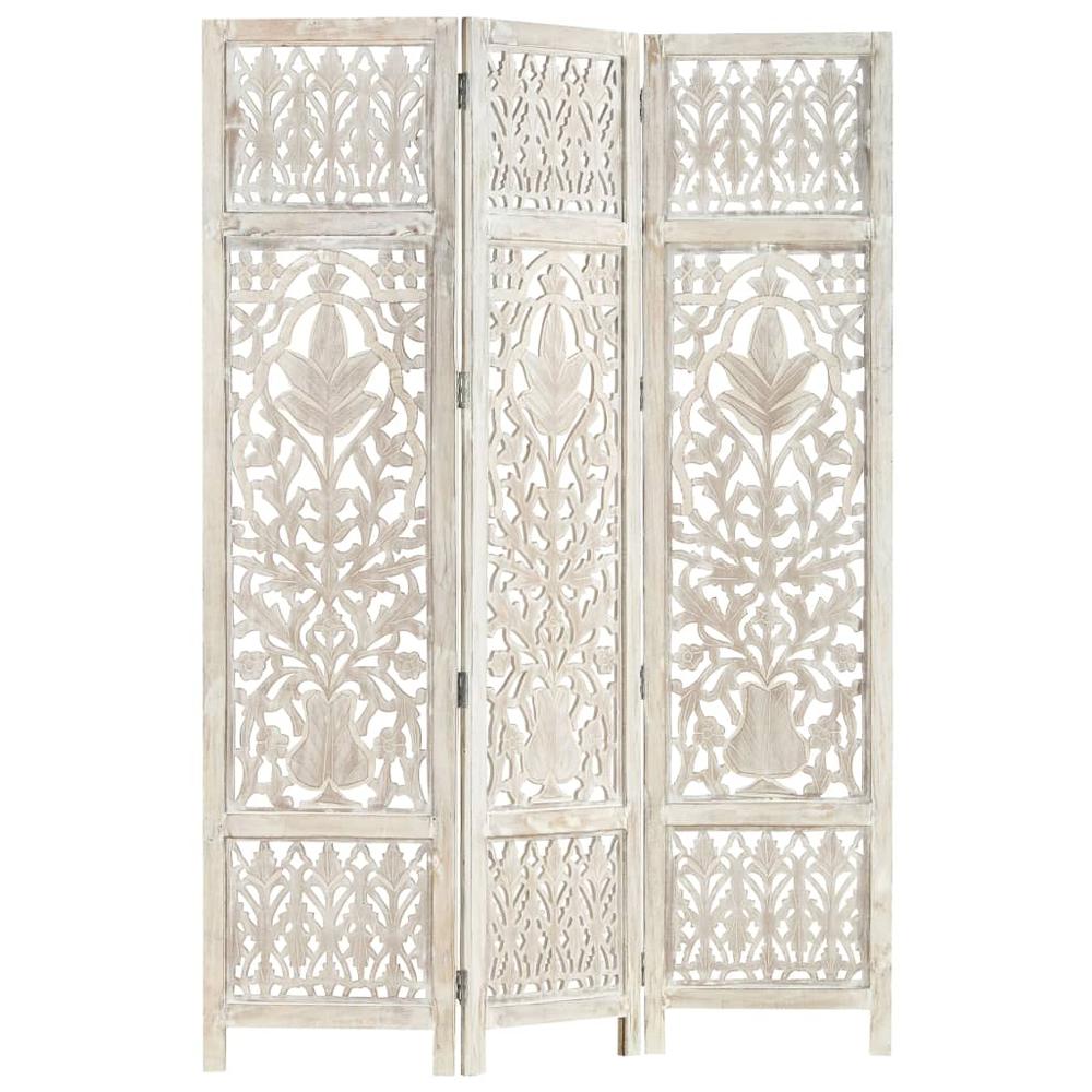 vidaXL Hand carved 3-Panel Room Divider White 47.2"x65" Solid Mango Wood, 285330. Picture 6