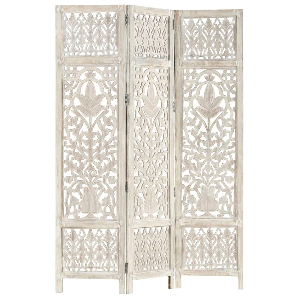 vidaXL Hand carved 3-Panel Room Divider White 47.2"x65" Solid Mango Wood, 285330. Picture 7