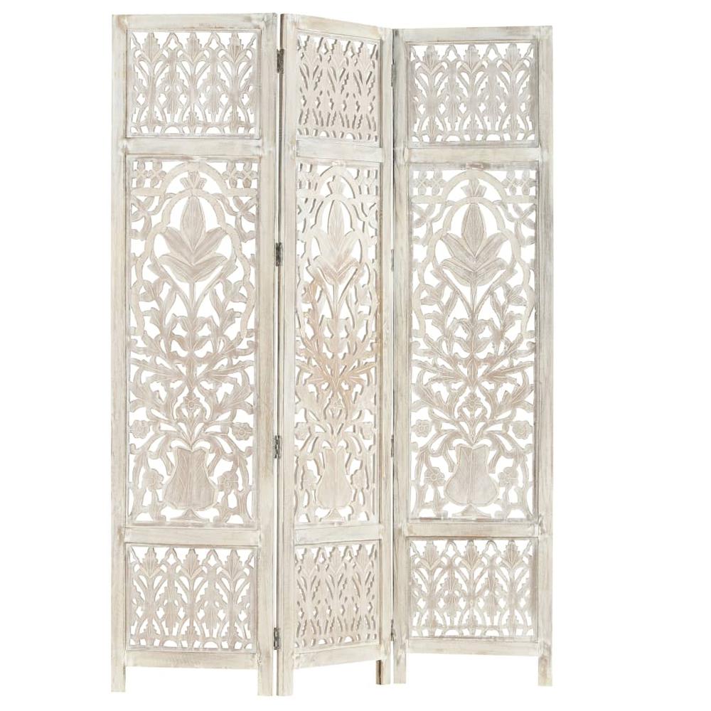 vidaXL Hand carved 3-Panel Room Divider White 47.2"x65" Solid Mango Wood, 285330. Picture 8