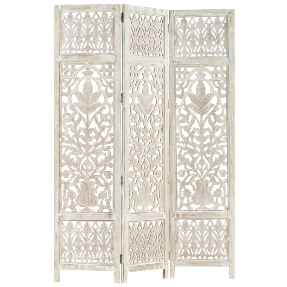 vidaXL Hand carved 3-Panel Room Divider White 47.2"x65" Solid Mango Wood, 285330. Picture 9