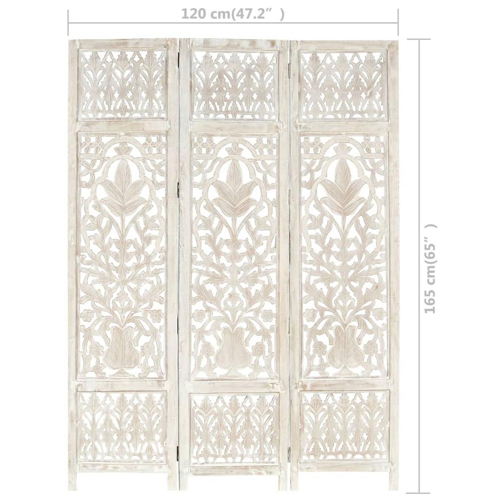 vidaXL Hand carved 3-Panel Room Divider White 47.2"x65" Solid Mango Wood, 285330. Picture 10
