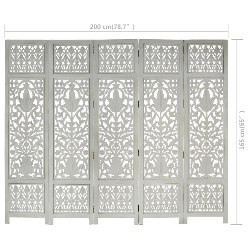 vidaXL Hand Carved 5-Panel Room Divider Gray 78.7"x65" Solid Mango Wood, 285333. Picture 6