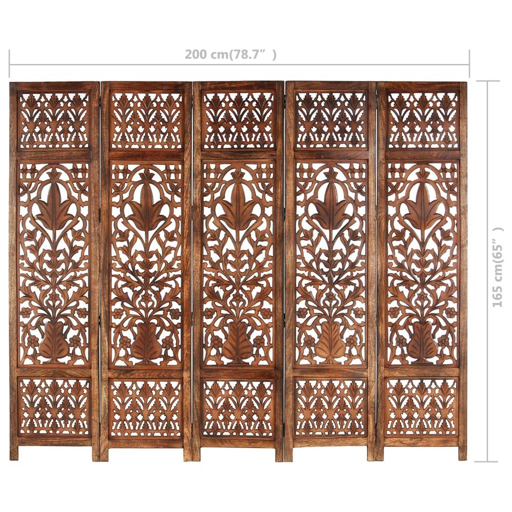 vidaXL Hand Carved 5-Panel Room Divider Brown 78.7"x65" Solid Mango Wood, 285335. Picture 6