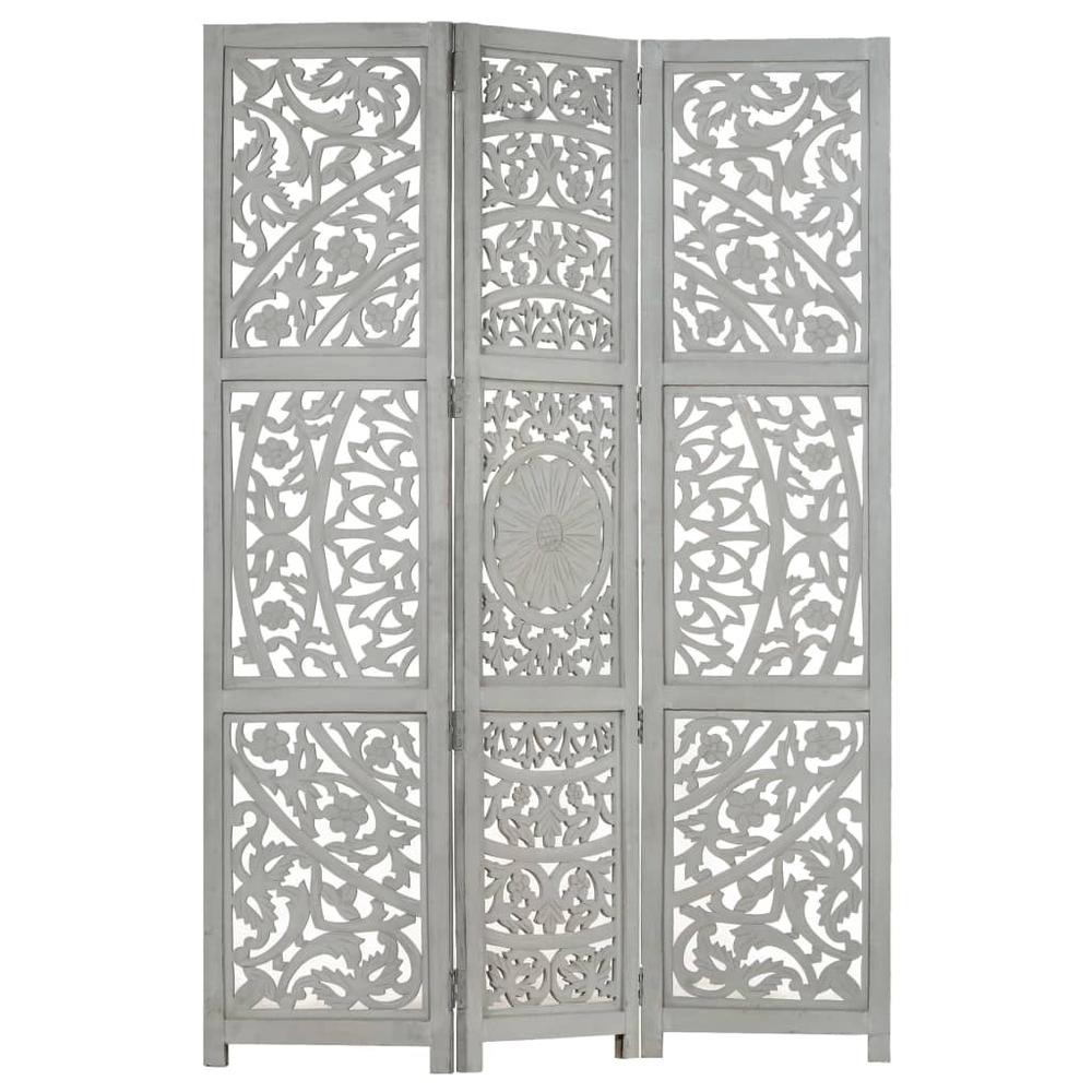 vidaXL Hand carved 3-Panel Room Divider Gray 47.2"x65" Solid Mango Wood, 285337. Picture 7