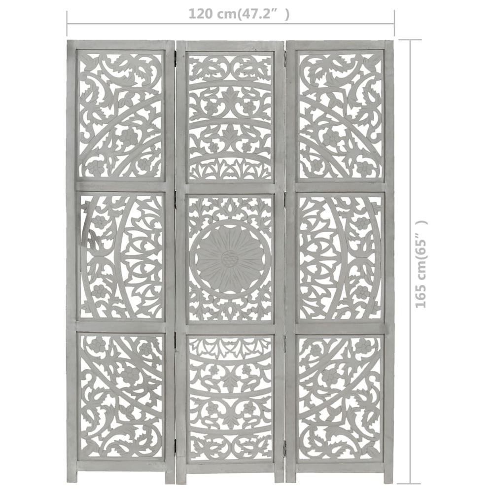 vidaXL Hand carved 3-Panel Room Divider Gray 47.2"x65" Solid Mango Wood, 285337. Picture 10