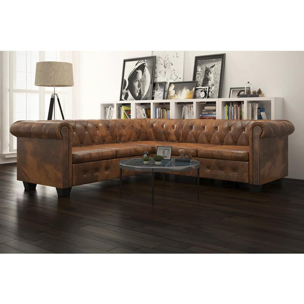 vidaXL Chesterfield Corner Sofa 5-Seater Brown Faux Leather, 287914. Picture 1