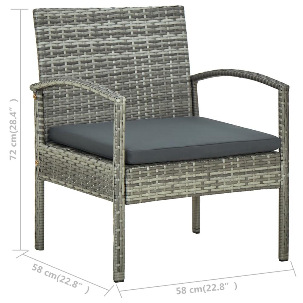 vidaXL 3 Piece Bistro Set with Cushions Poly Rattan Gray. Picture 7