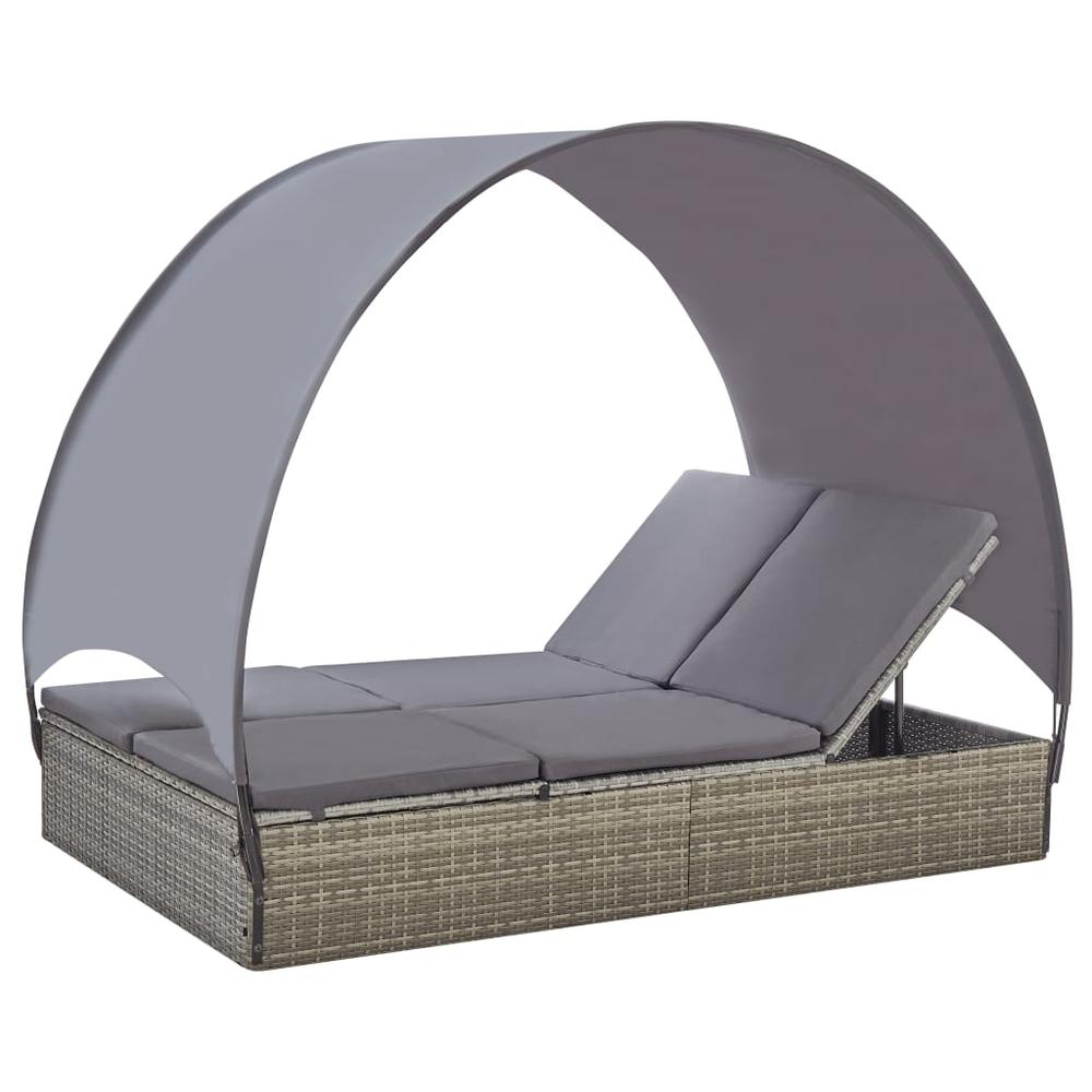 vidaXL Double Sun Lounger with Canopy Poly Rattan Gray, 45776. Picture 1