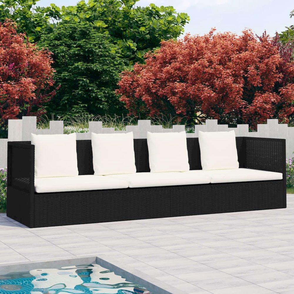 vidaXL Outdoor Lounge Bed with Cushion & Pillows Poly Rattan Black, 49391. Picture 1