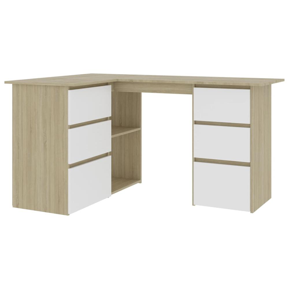 vidaXL Corner Desk White and Sonoma Oak 57.1"x39.4"x29.9" Chipboard, 801094. Picture 2