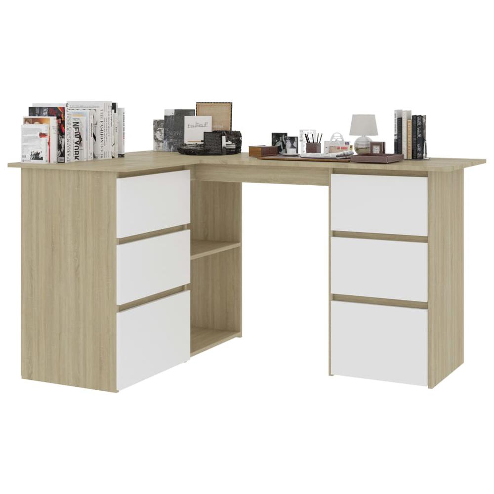 vidaXL Corner Desk White and Sonoma Oak 57.1"x39.4"x29.9" Chipboard, 801094. Picture 3