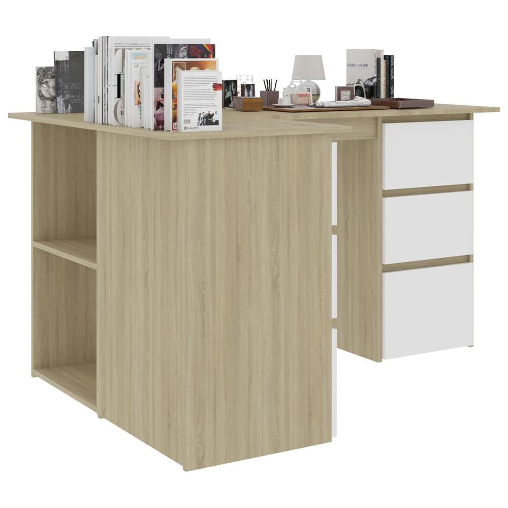 vidaXL Corner Desk White and Sonoma Oak 57.1"x39.4"x29.9" Chipboard, 801094. Picture 4