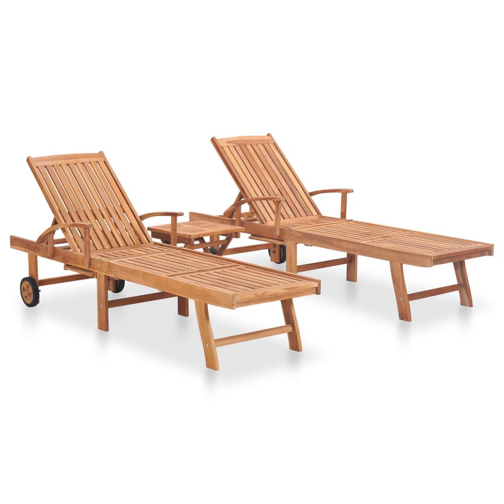 vidaXL Sun Loungers 2 pcs with Table Solid Teak Wood, 3051437. Picture 1