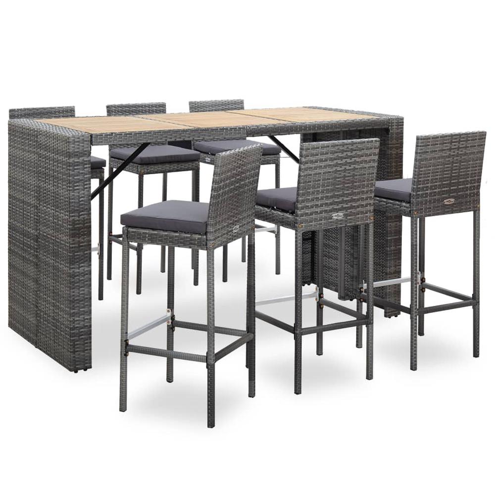 vidaXL 7 Piece Outdoor Bar Set with Cushions Poly Rattan Gray 9563. Picture 1