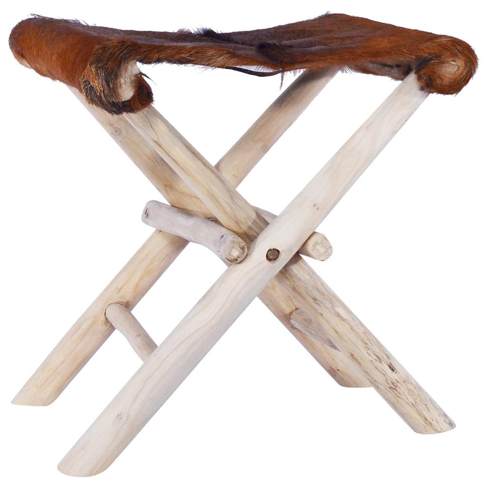 vidaXL Folding Stool Real Leather and Solid Teak Wood, 288815. Picture 1