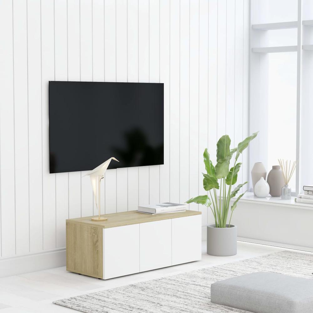 vidaXL TV Cabinet White and Sonoma Oak 31.5"x13.4"x11.8" Chipboard, 801864. Picture 4