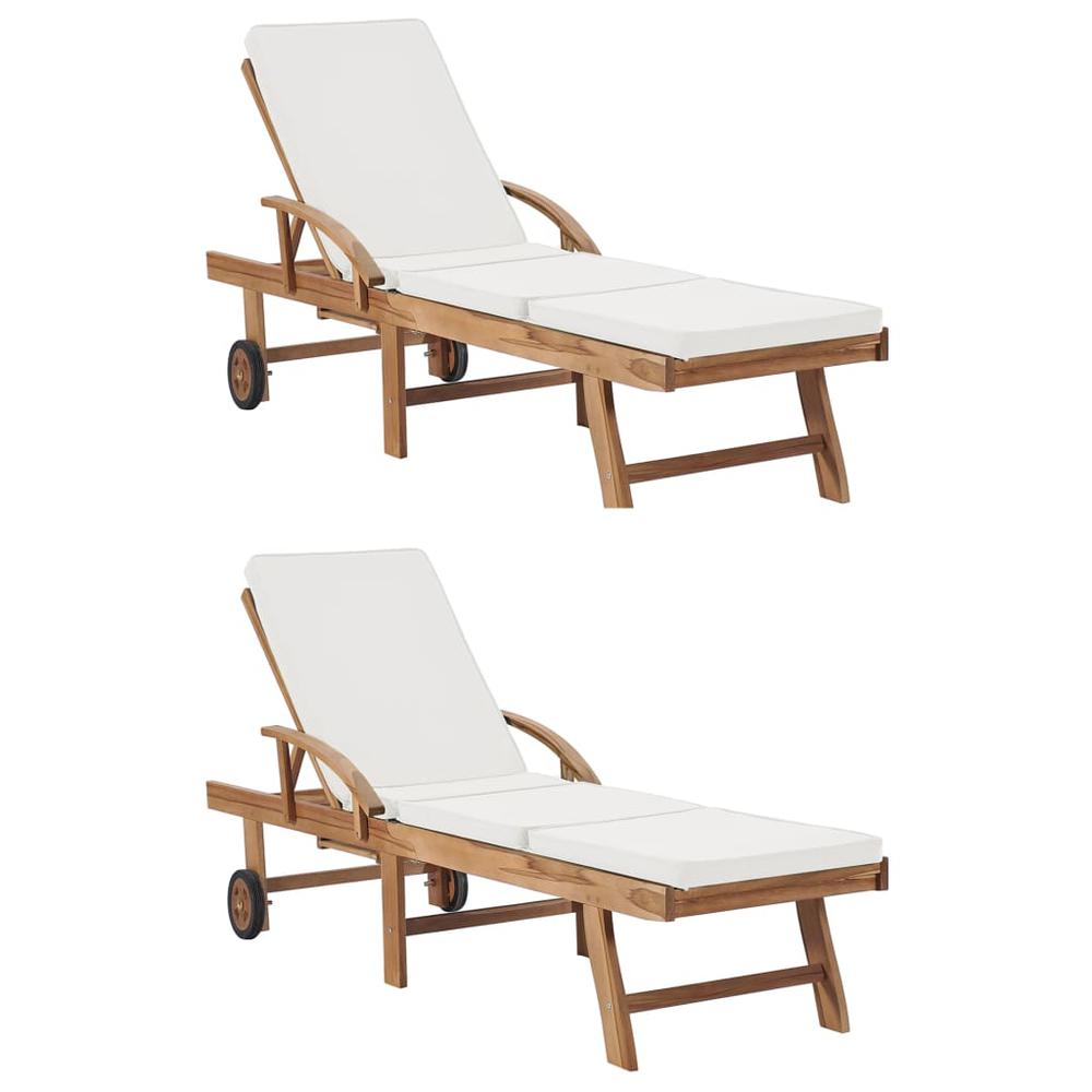 vidaXL Sun Loungers with Cushions 2 pcs Solid Teak Wood Cream, 3054633. Picture 1