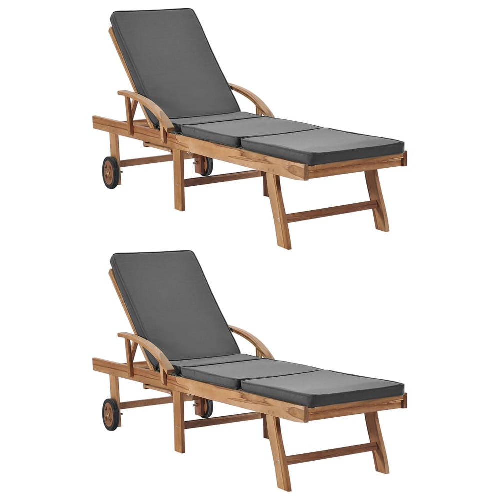 vidaXL Sun Loungers with Cushions 2 pcs Solid Teak Wood Dark Gray, 3054634. The main picture.