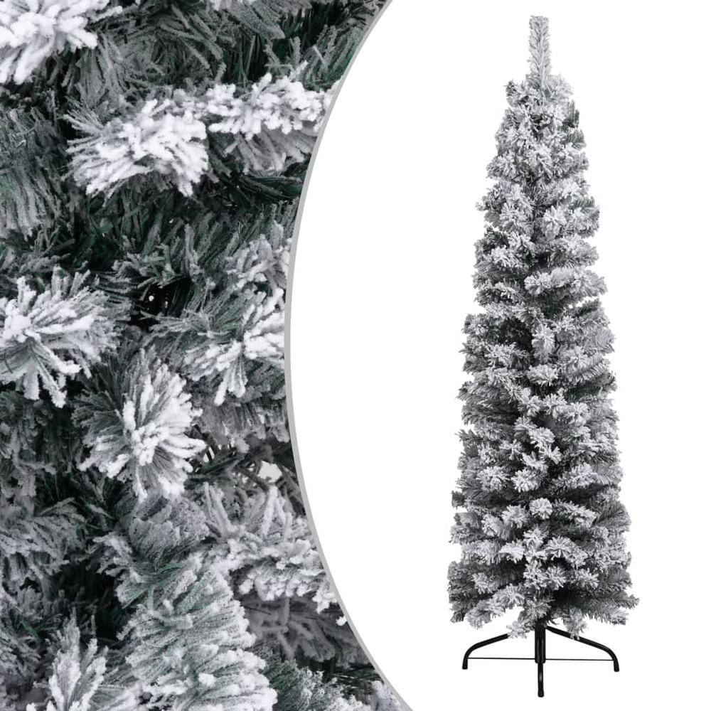 vidaXL Slim Artificial Christmas Tree with Flocked Snow Green 59.1" PVC, 320953. Picture 1