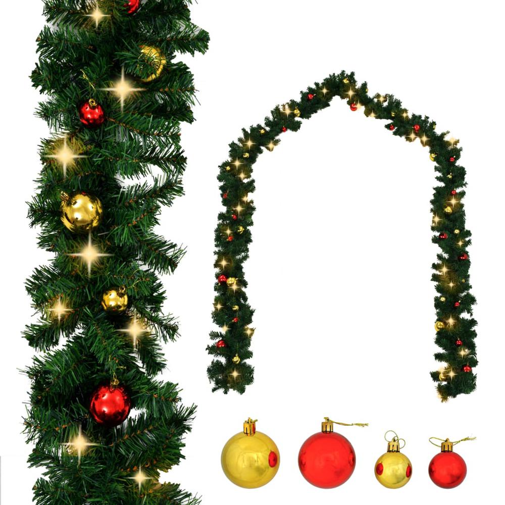 vidaXL Christmas Garland with Baubles and LED Lights Green 65.6' PVC, 321509. Picture 1