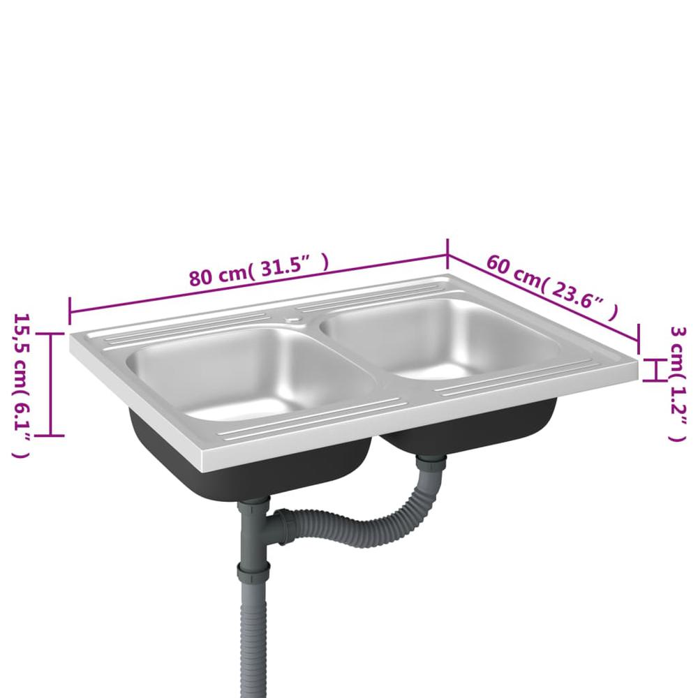 Kitchen Sink with Double Basins Silver 31.5"x23.6"x6.1" Stainless Steel. Picture 8