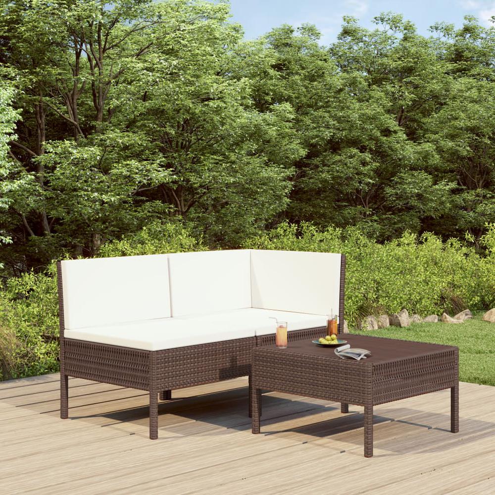 vidaXL 3 Piece Garden Lounge Set with Cushions Poly Rattan Brown, 310185. Picture 1