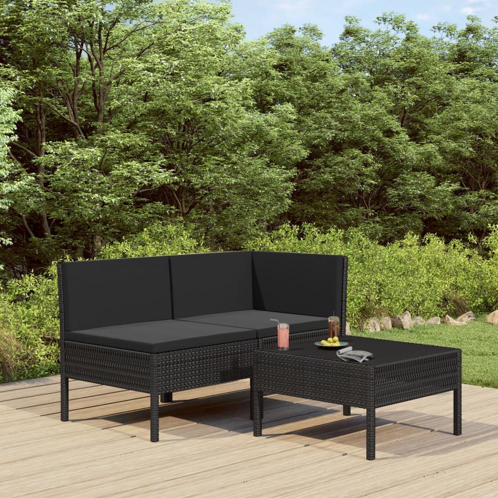 vidaXL 3 Piece Garden Lounge Set with Cushions Poly Rattan Black, 310187. Picture 1