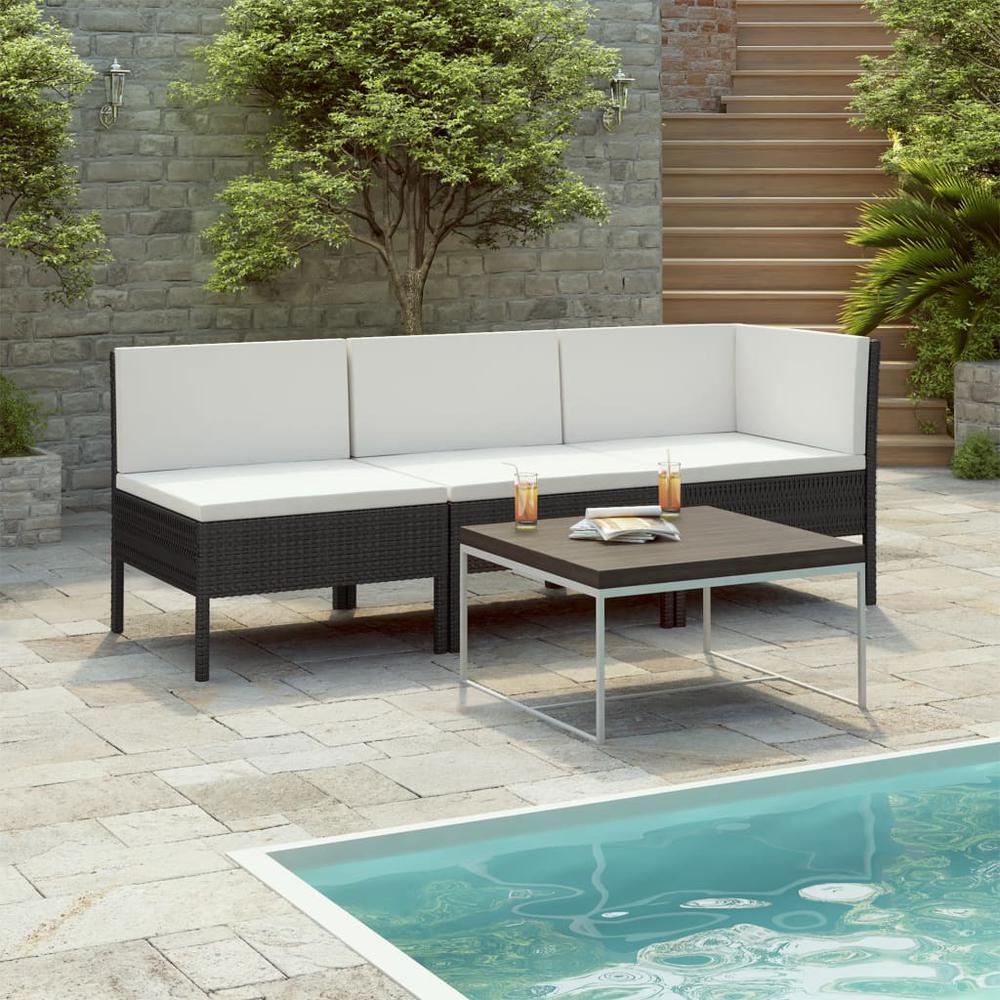 vidaXL 3 Piece Garden Lounge Set with Cushions Poly Rattan Black, 310202. Picture 1