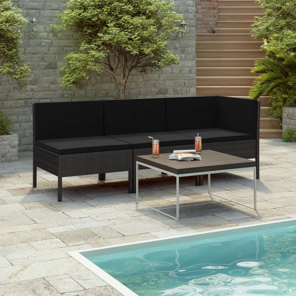 vidaXL 3 Piece Garden Lounge Set with Cushions Poly Rattan Black, 310203. Picture 1