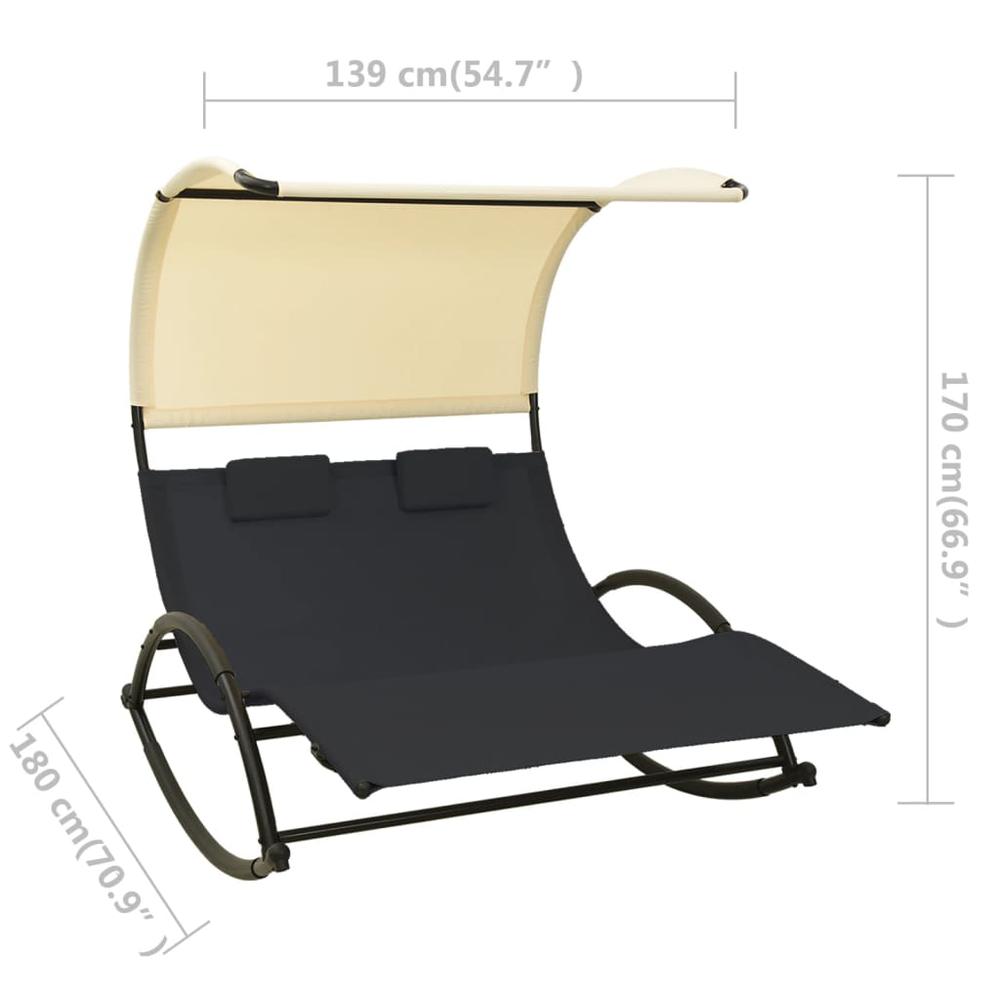 vidaXL Double Sun Lounger with Canopy Textilene Black and Cream. Picture 7