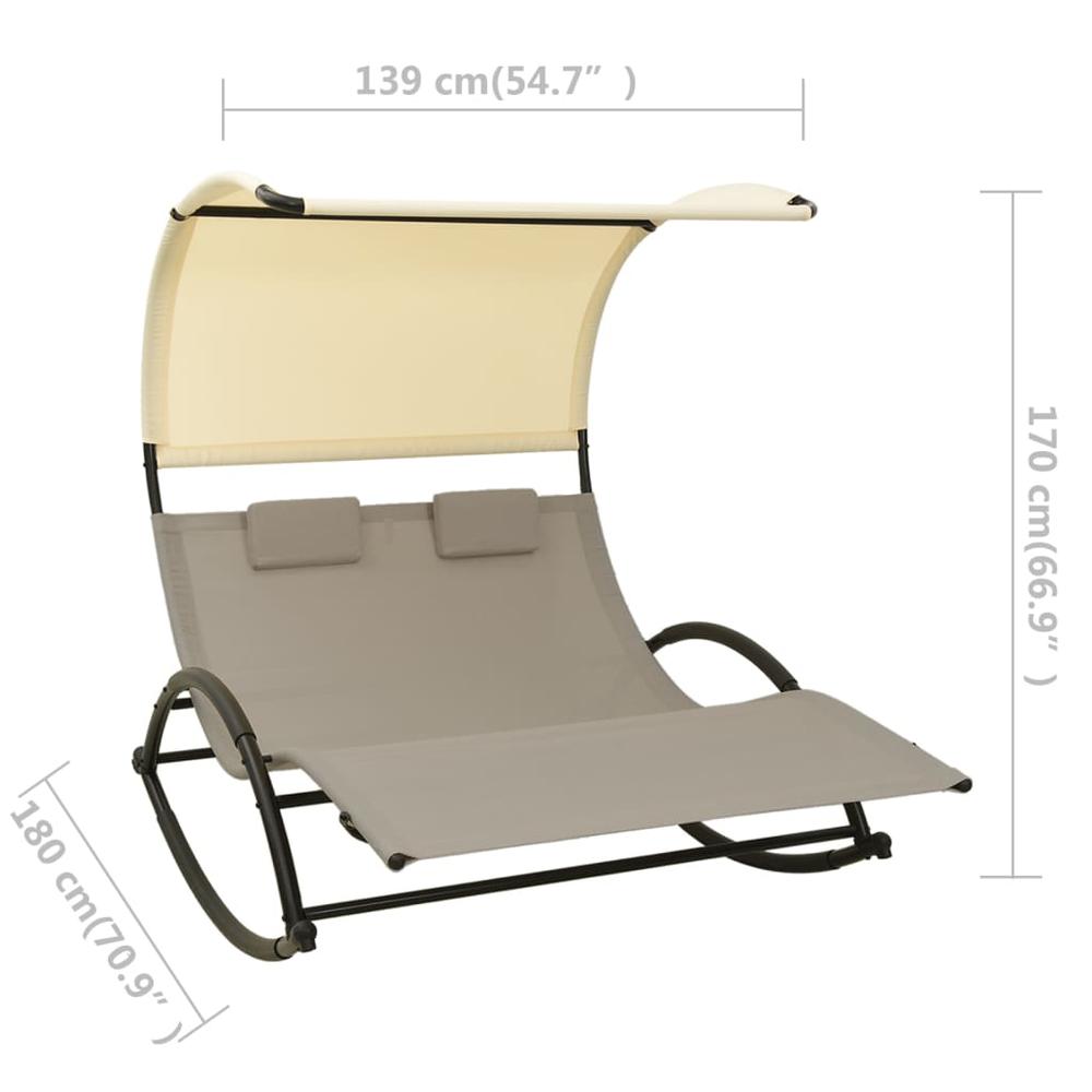 vidaXL Double Sun Lounger with Canopy Textilene Taupe and Cream. Picture 7