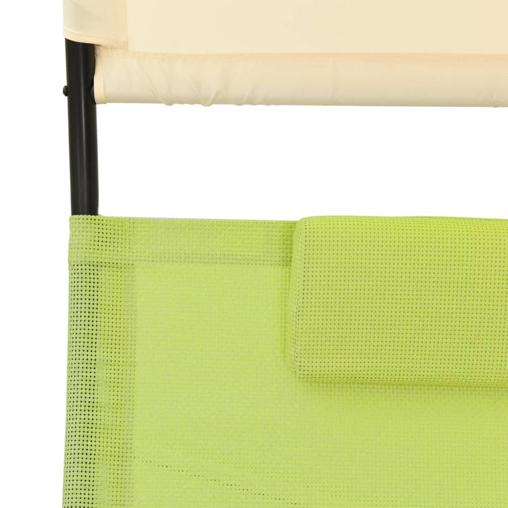 vidaXL Double Sun Lounger with Canopy Textilene Green and Cream. Picture 6