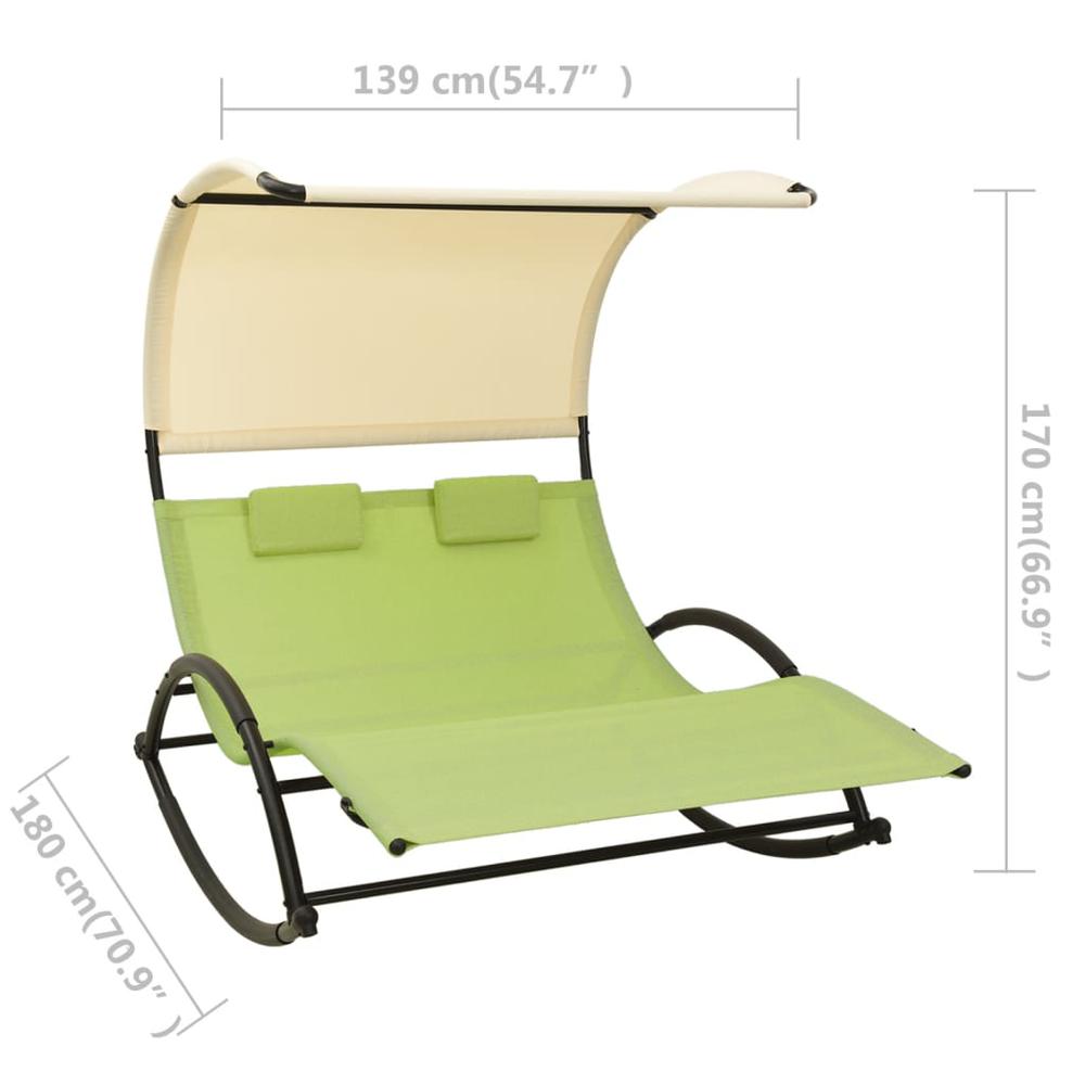 vidaXL Double Sun Lounger with Canopy Textilene Green and Cream. Picture 7