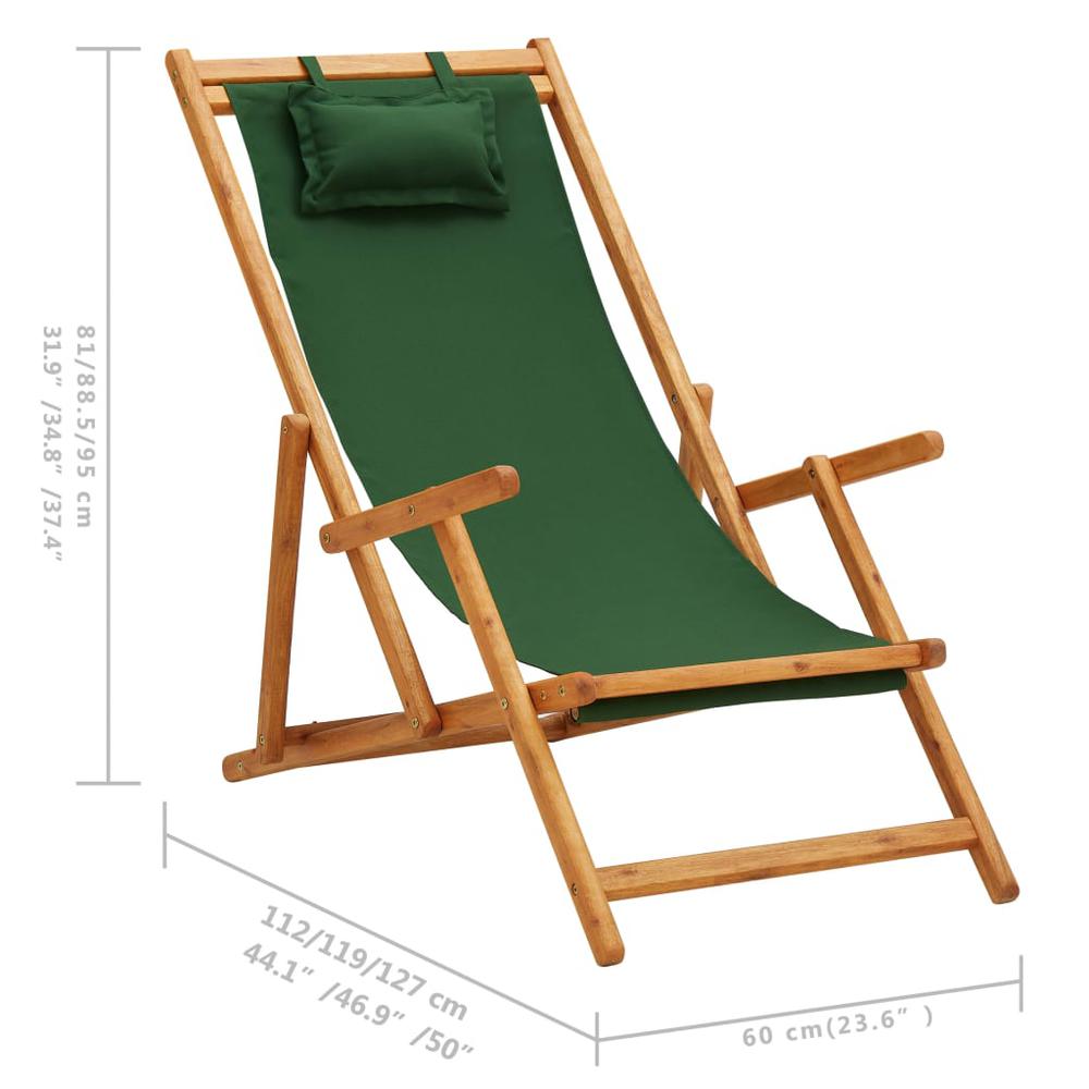 vidaXL Folding Beach Chair Solid Eucalyptus Wood and Fabric Green. Picture 9