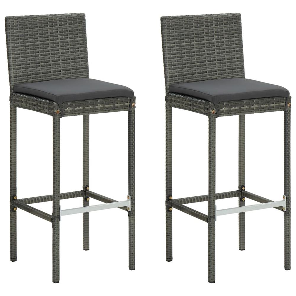 vidaXL Garden Bar Stools with Cushions 2 pcs Gray Poly Rattan, 313436. Picture 1