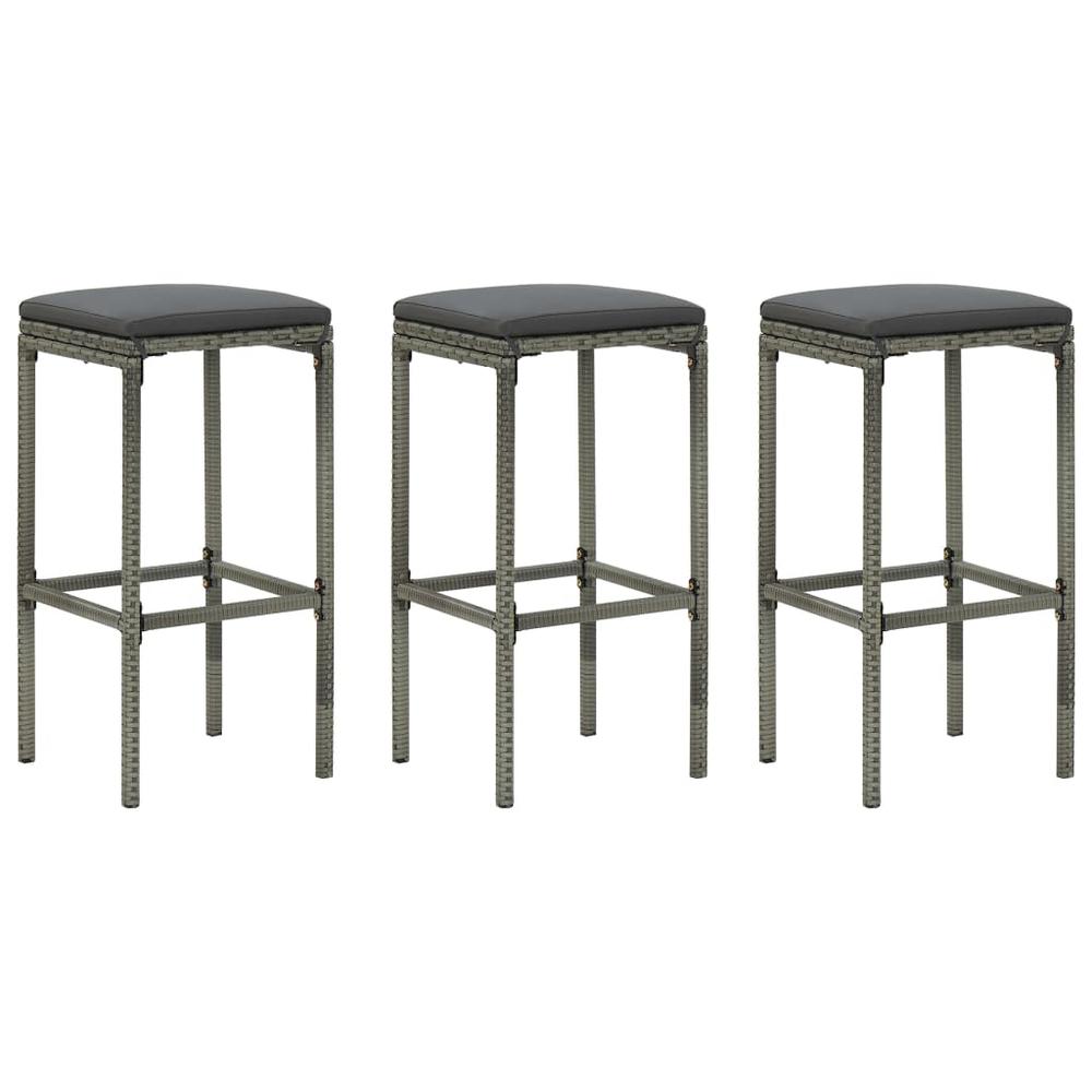 vidaXL Bar Stools with Cushions 3 pcs Gray Poly Rattan, 313444. Picture 1