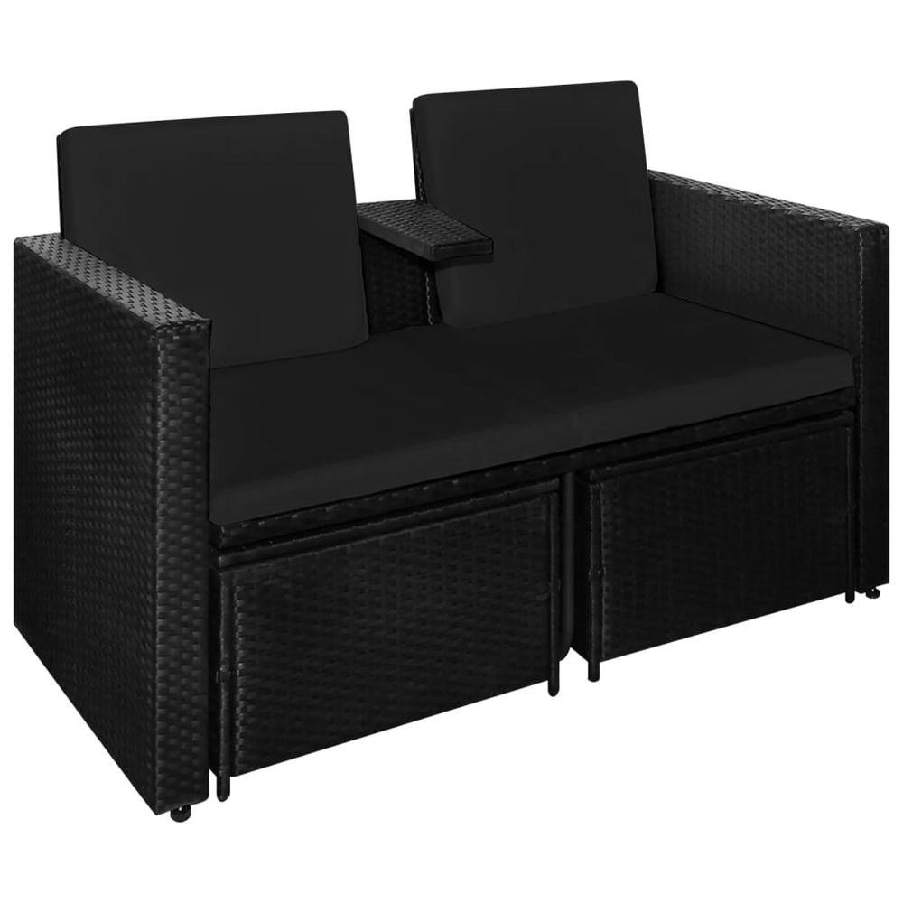 vidaXL 3 Piece Patio Lounge Set with Cushions Poly Rattan Black, 313129. Picture 6