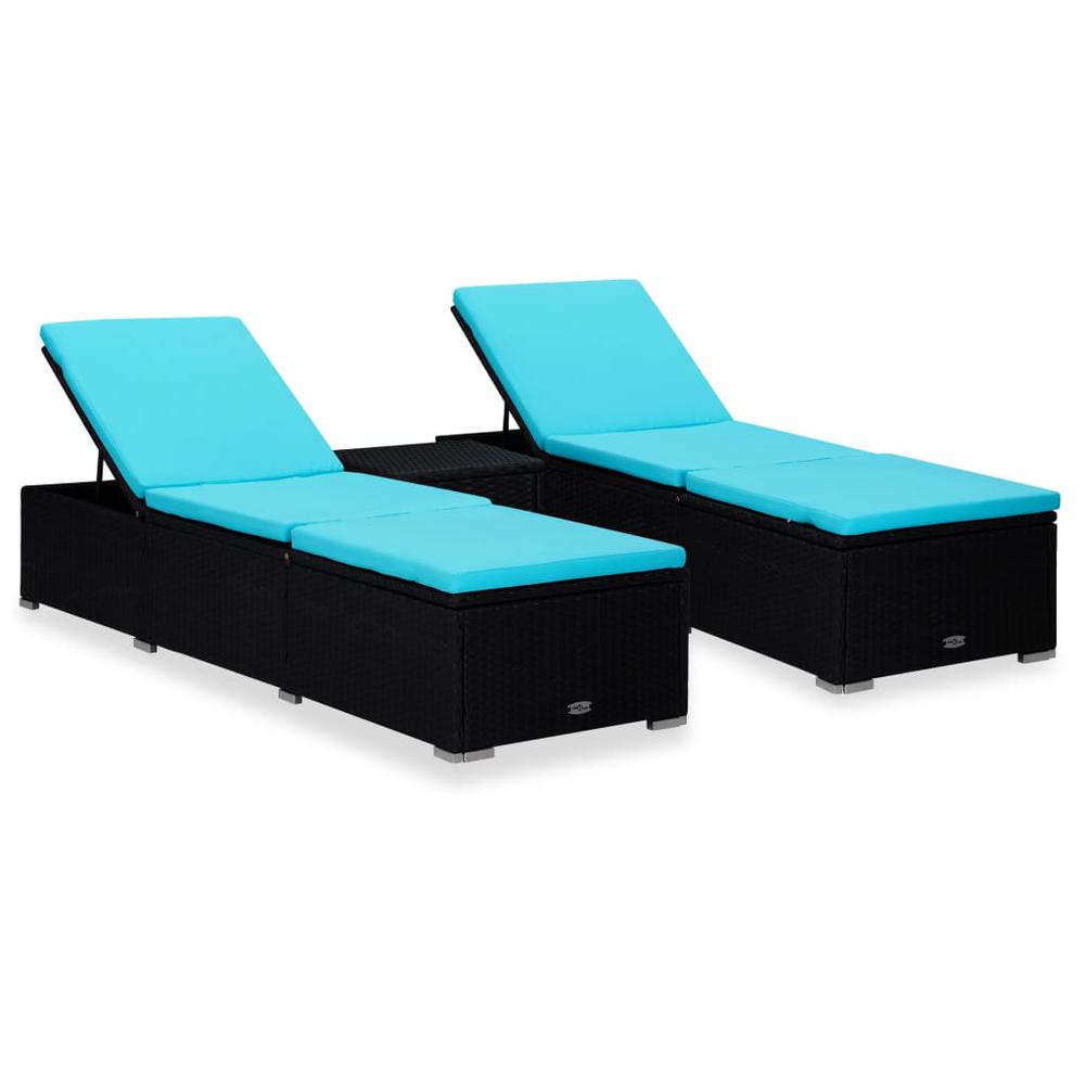 3 Piece Patio Sun Loungers with Tea Table Poly Rattan Black. Picture 10