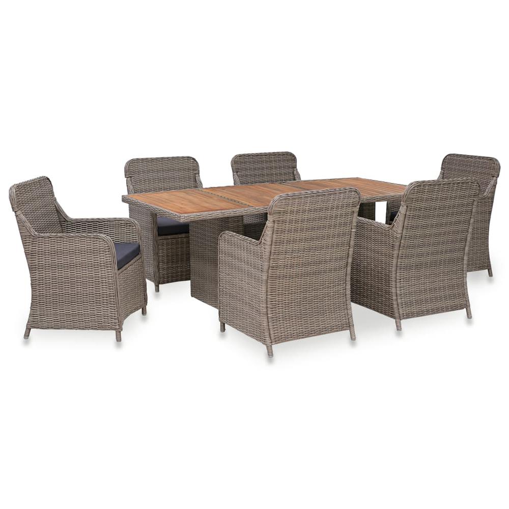 vidaXL 7 Piece Outdoor Dining Set with Cushions Poly Rattan Brown, 3057800. Picture 1