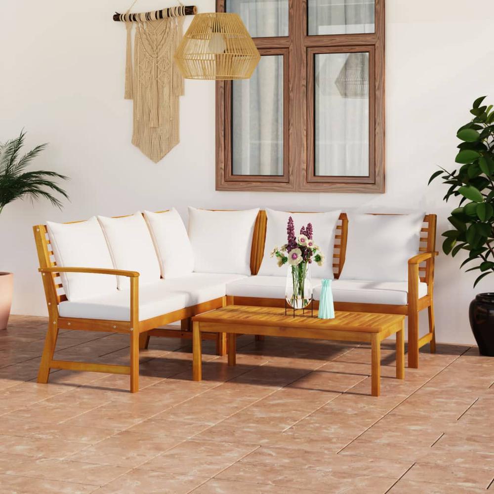 4 Piece Patio Lounge Set with Cushion Cream Solid Acacia Wood. Picture 12